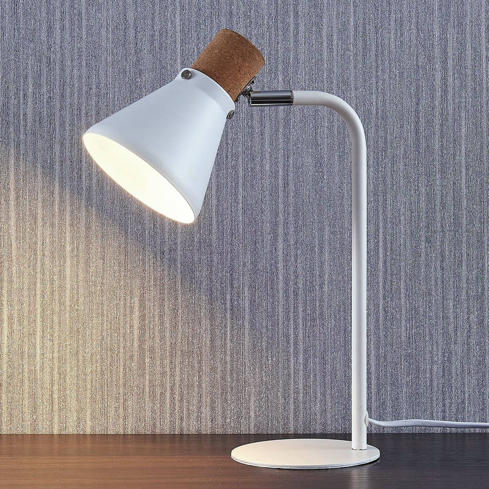 Lindby Hvit bordlampe Silva med korkdekor, 32 cm høy