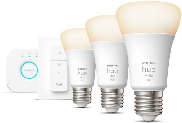 Philips hue white kit de inicio 3 bombillas led inteligente e27 9.5w luz blanca cálida + hue bridge + interruptor