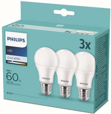 Philips LED 9W/60W 806lm A60 E27 4000K CW FR ND 3-set