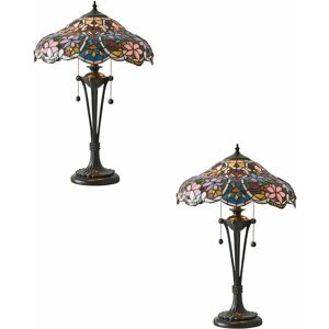 Loops - 2 pack Floral Tiffany Glass Design Table Lamp Light - Dark Bronze Lampholder