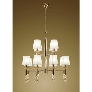 Diyas - Tiffany Pendant 2 Tier 12+12 Bulbs E14+G9, gold with white lampshades & transparent crystal