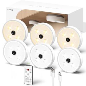 EZVALO Under Carbinet Kitchen Lights, Wireless LED Puck Lights Remote Control, 1200mAh Group Control Operated 3000K/5000K (Pack of 6)