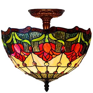 AttreX 12" Tiffany Style Ceiling Light Fixture Stained Glass Semi Flush Mount Ceiling Lamp,2 Light, Traditional Dimmable Metal Decor Pendant Light Fixturess for Bedroom Kitchen Dining Living Room E