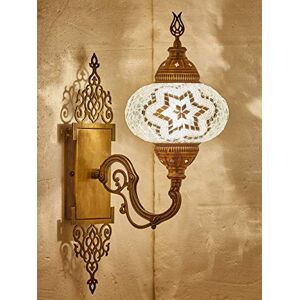 DEMMEX Turkish Moroccan Tiffany Style Mosaic Wall Sconce Lamp Light, Big Size Globe, Decorated Brass Body, Handmade, 15x5 Inches, White Clear
