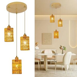 FORCOSO Pendant Lights Rattan 3 Lights, Boho Lamp Hanging Ceiling Light Natural Rattan Lampshade Cord Adjustable 152cm, E27 Vintage Kitchen Light Fitting, Rustic Lamp Fixtures Dining Living Room