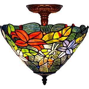 AttreX 12" Tiffany Style Ceiling Light Fixture Stained Glass Semi Flush Mount Ceiling Lamp,2 Light, Traditional Dimmable Metal Decor Pendant Light Fixturess for Bedroom Kitchen Dining Living Room E