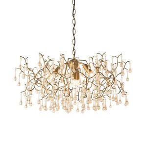 Loops Aged Gold Branch Ceiling Chandelier - Glass Droplets - Decorative Light Fitting