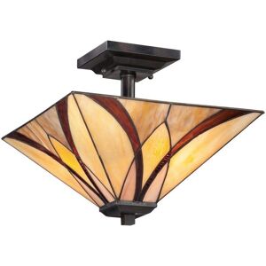 Elstead Lighting Elstead Quoizel Asheville 2 Light Semi Flush Ceiling Fitting In Valiant Bronze Finish And Tiffany Glass Shade