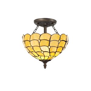Luminosa Lighting Lincoln 2 Light Semi Flush Ceiling E27 With 30cm Tiffany Shade, Beige, Clear Crystal, Aged Antique Brass
