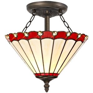 Luminosa Lighting Middleburgh 2 Light Semi Flush Ceiling E27 With 30cm Tiffany Shade, Red, Crystal, Aged Antique Brass