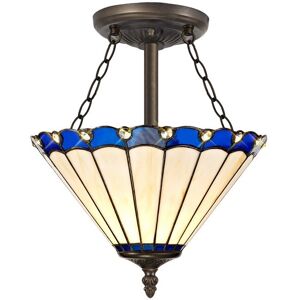 Luminosa Lighting Middleburgh 3 Light Semi Flush Ceiling E27 With 30cm Tiffany Shade, Blue, Crystal, Aged Antique Brass