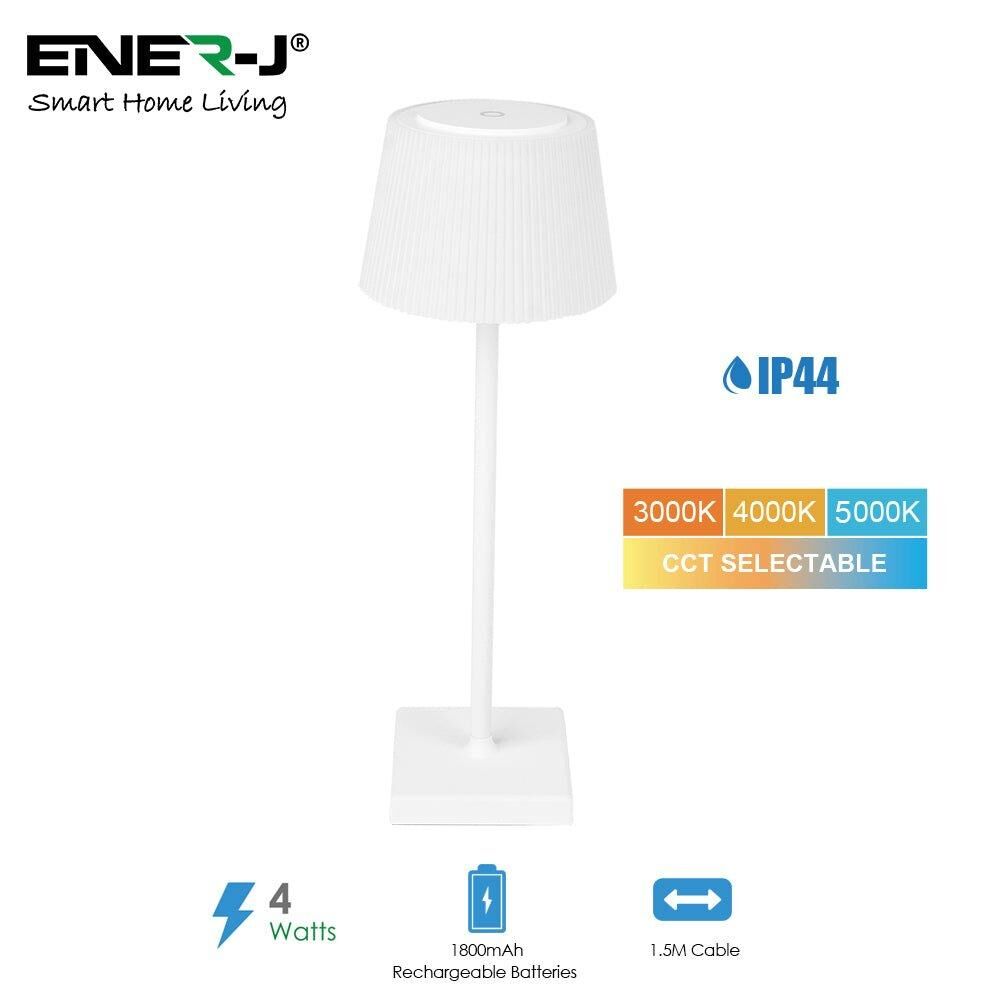 ENER-J 4W Table Lamp (White Housing), 5V with 1800mAh Rechargeable Batteries, CCT & Dimming, 1.5M Cable, IP44
