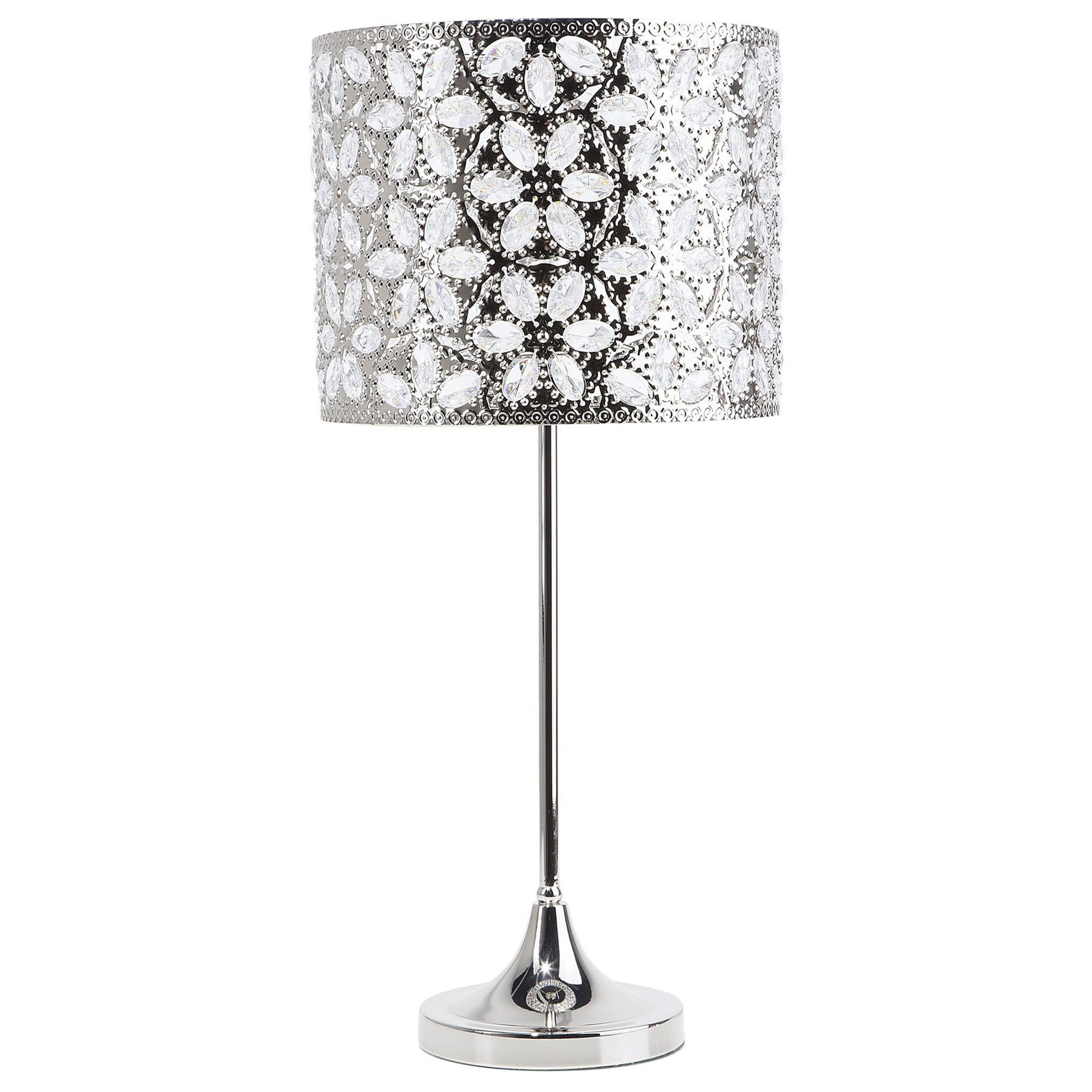 Beliani Table Lamp Silver Metal 58H cm Crystal Floral Pattern Openwork Drum Shade Glam
