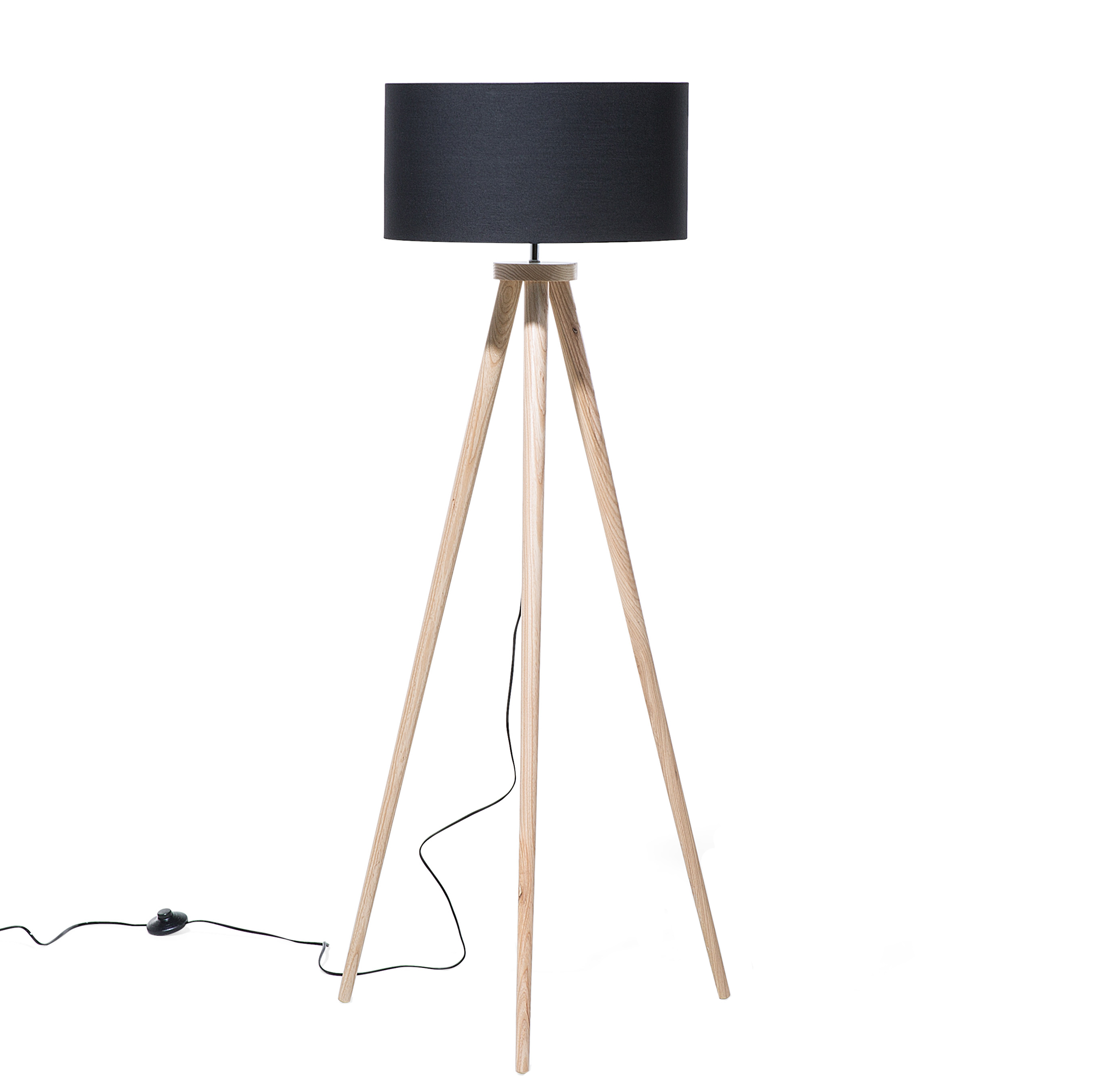 Beliani Floor Lamp Black with Light Wooden Frame 140 cm Fabric Drum Shade Tripod Modern Design