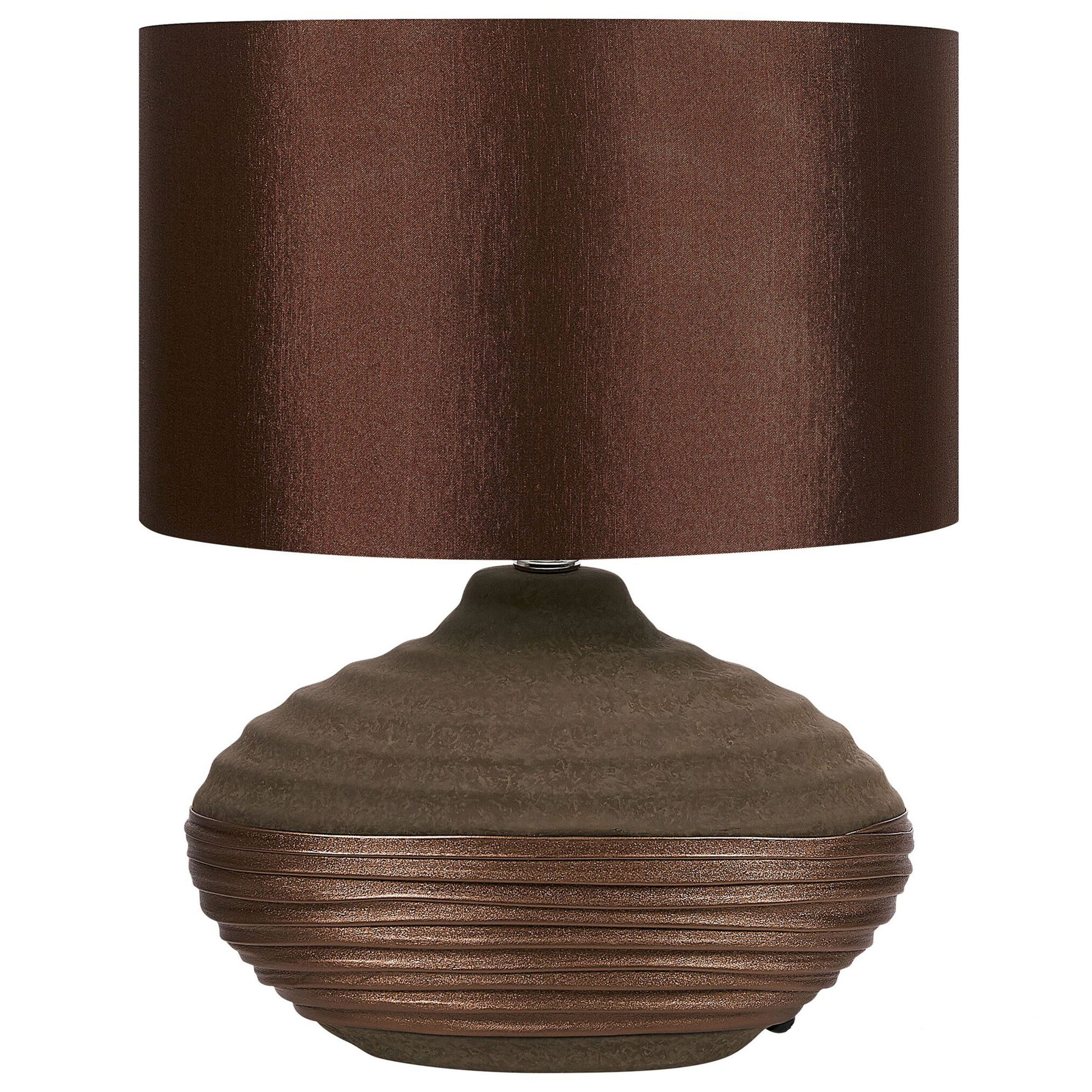 Beliani Table Lamp Brown Ceramic Base Faux Silk Drum Shade Bedside Table Lamp