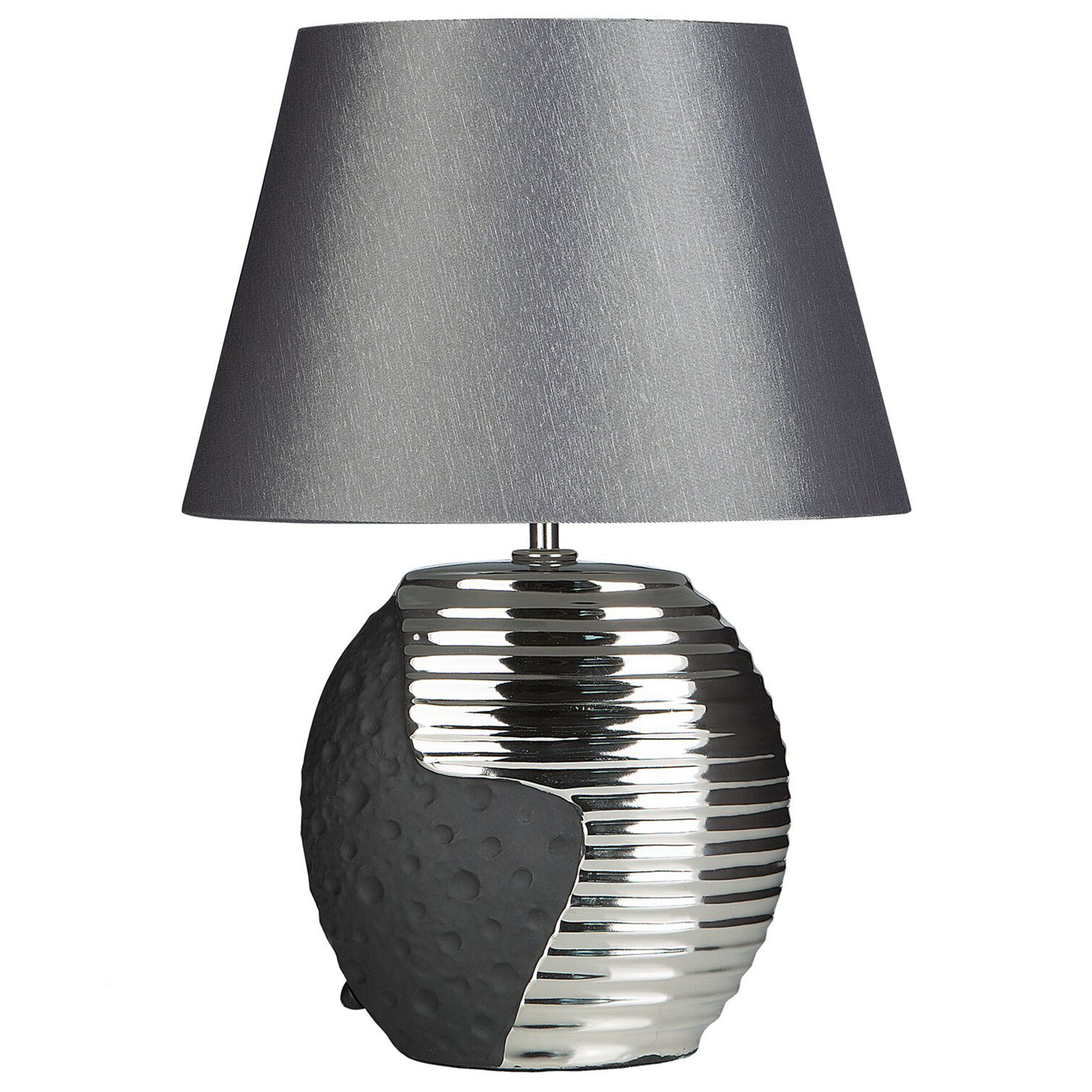 Beliani Table Lamp Silver Ceramic Base Fabric Drum Shade Bedside Table Lamp
