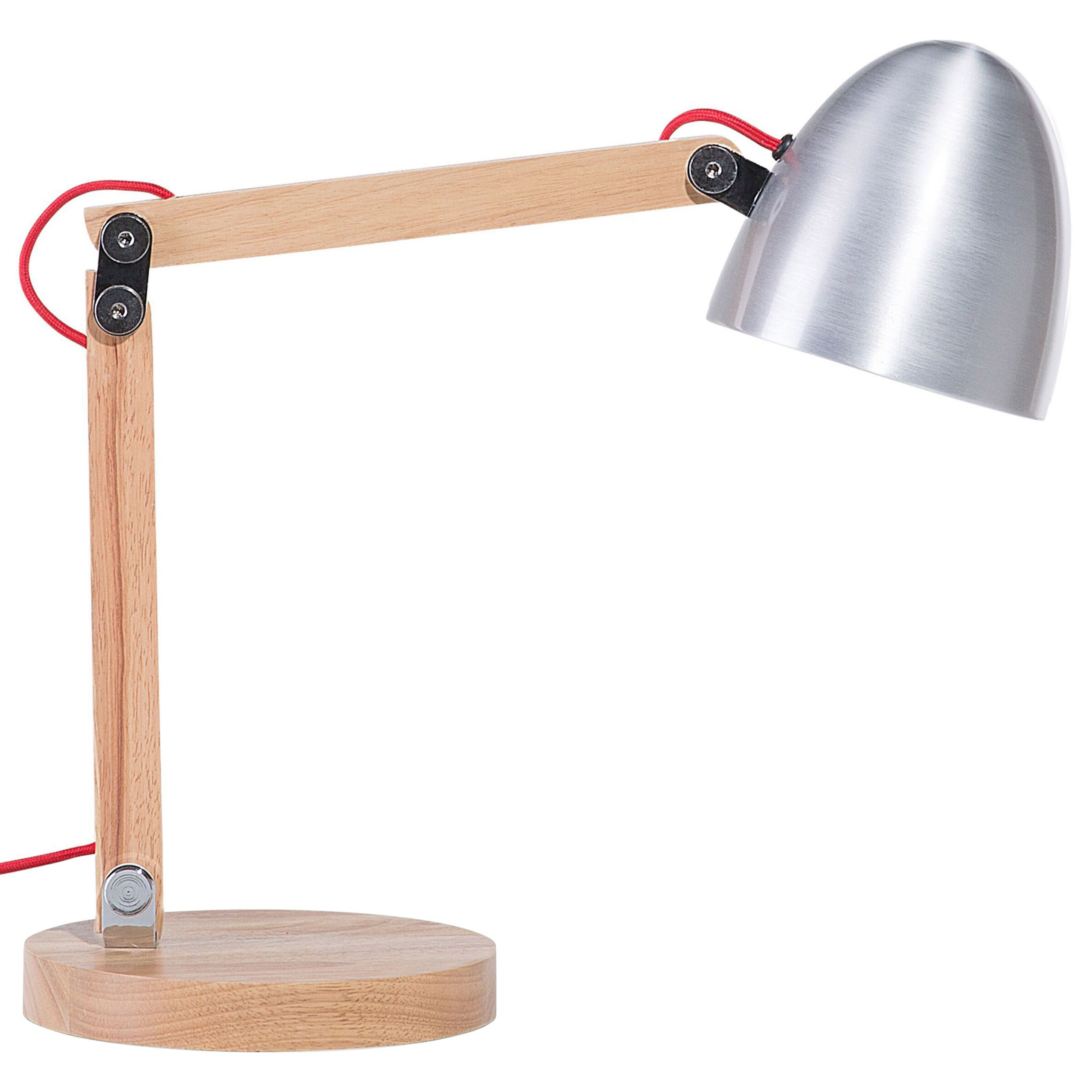 Beliani Desk Lamp Silver Metal Shade Adjustable Wooden Arm 62H cm Industrial Table Lamp