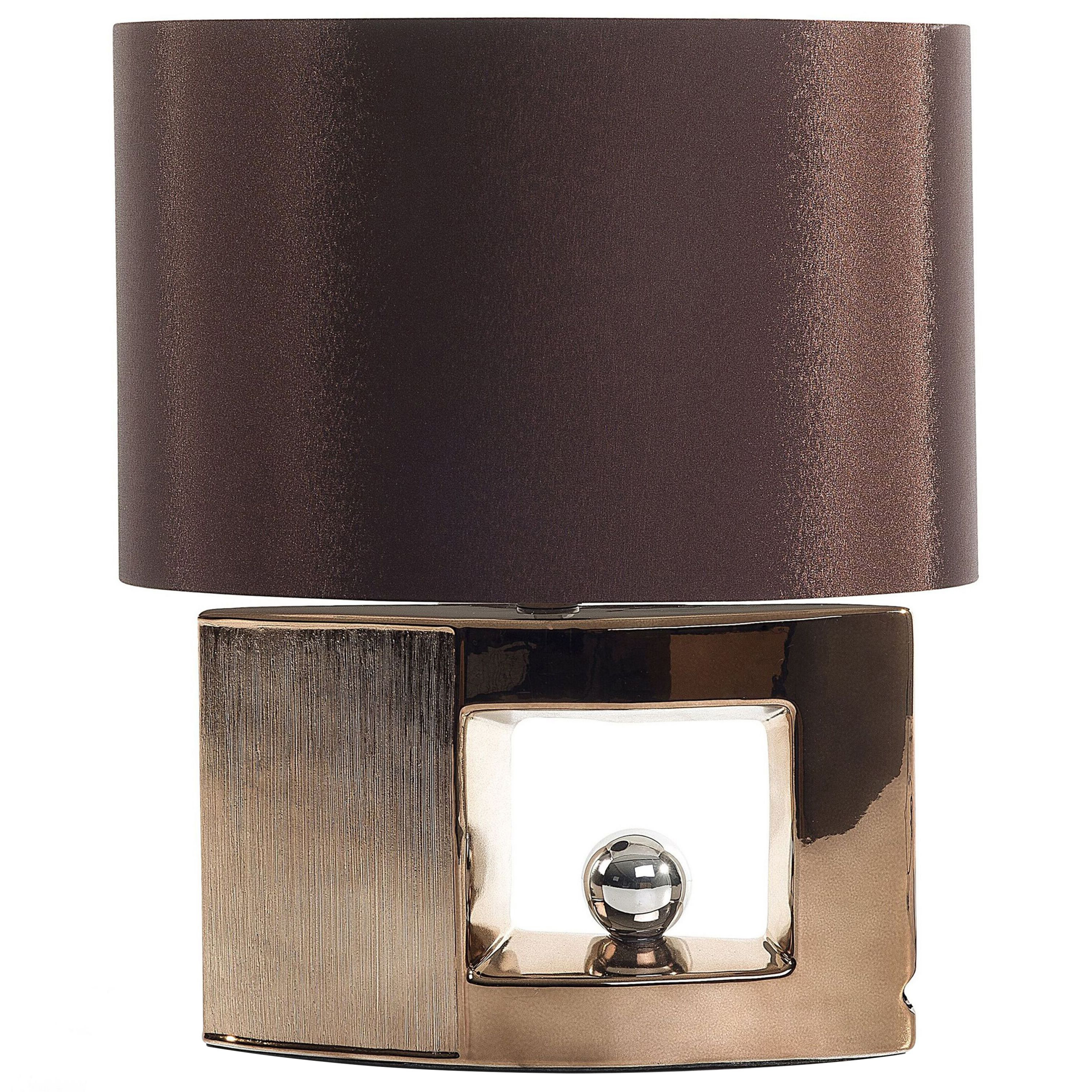 Beliani Table Lamp Brown Ceramic Base Fabric Drum Shade Bedside Table Lamp
