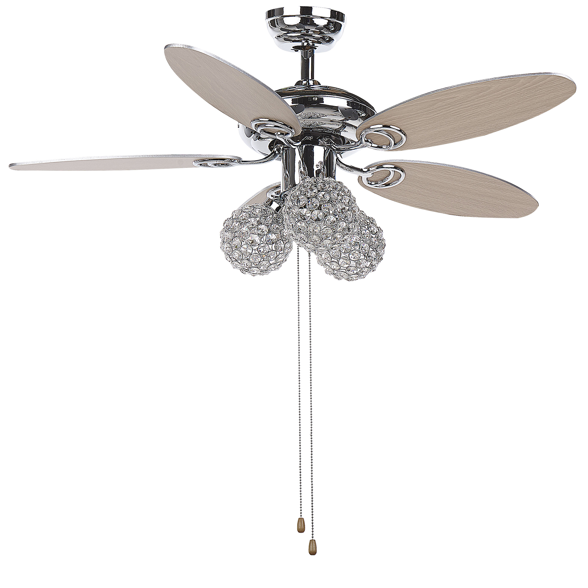 Beliani Ceiling Fan with Light Silver Metal 3 Acrylic Glass Round Shades Reversible Blades with Pull Chain Speed Control Retro Design