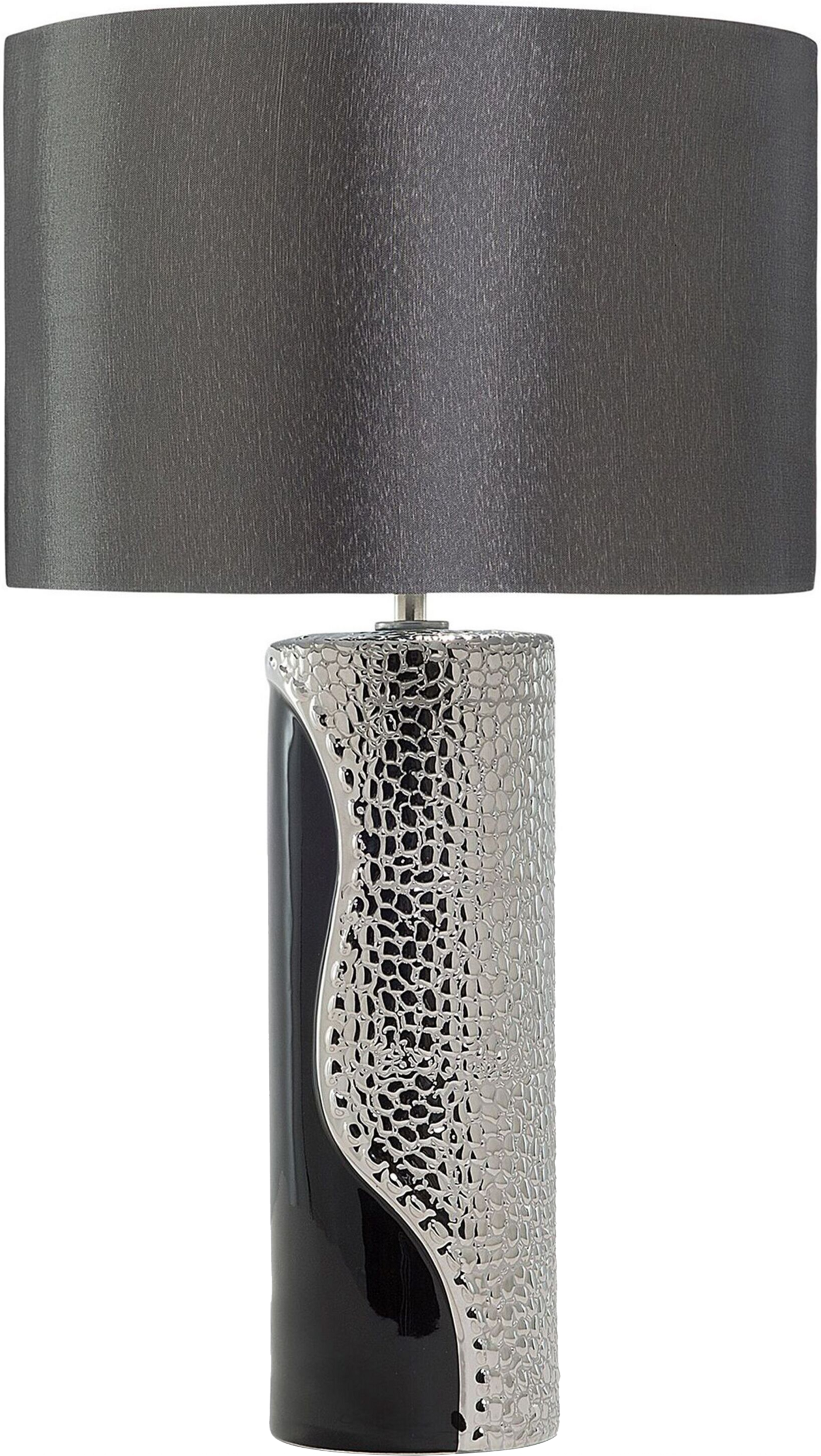 Beliani Table Lamp Silver Ceramic Pillar Base Faux Silk Drum Shade Bedside Table Lamp