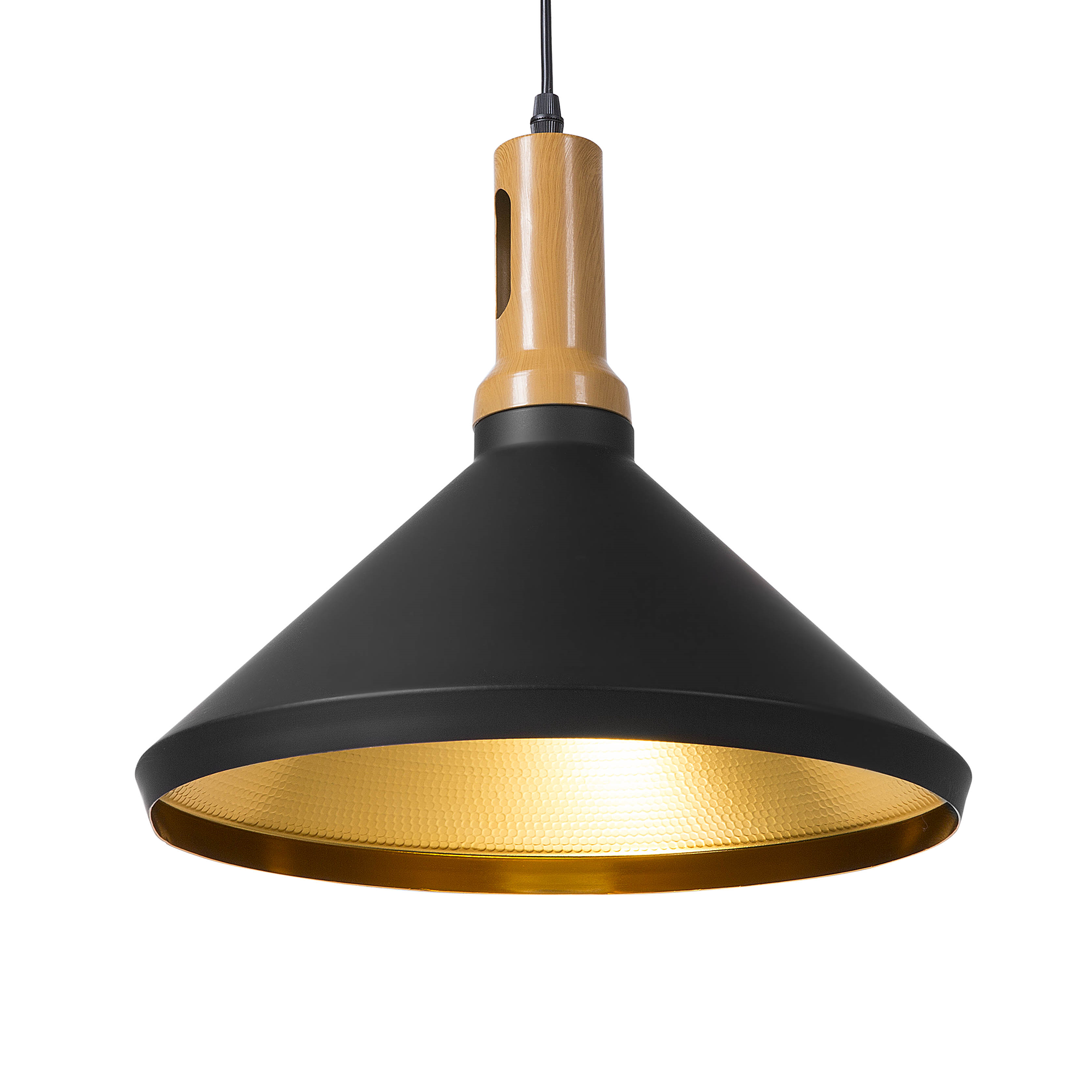 Beliani Hanging Light Pendant Lamp Black with Gold and Light Wood Aluminium Cone Shade Industrial Design