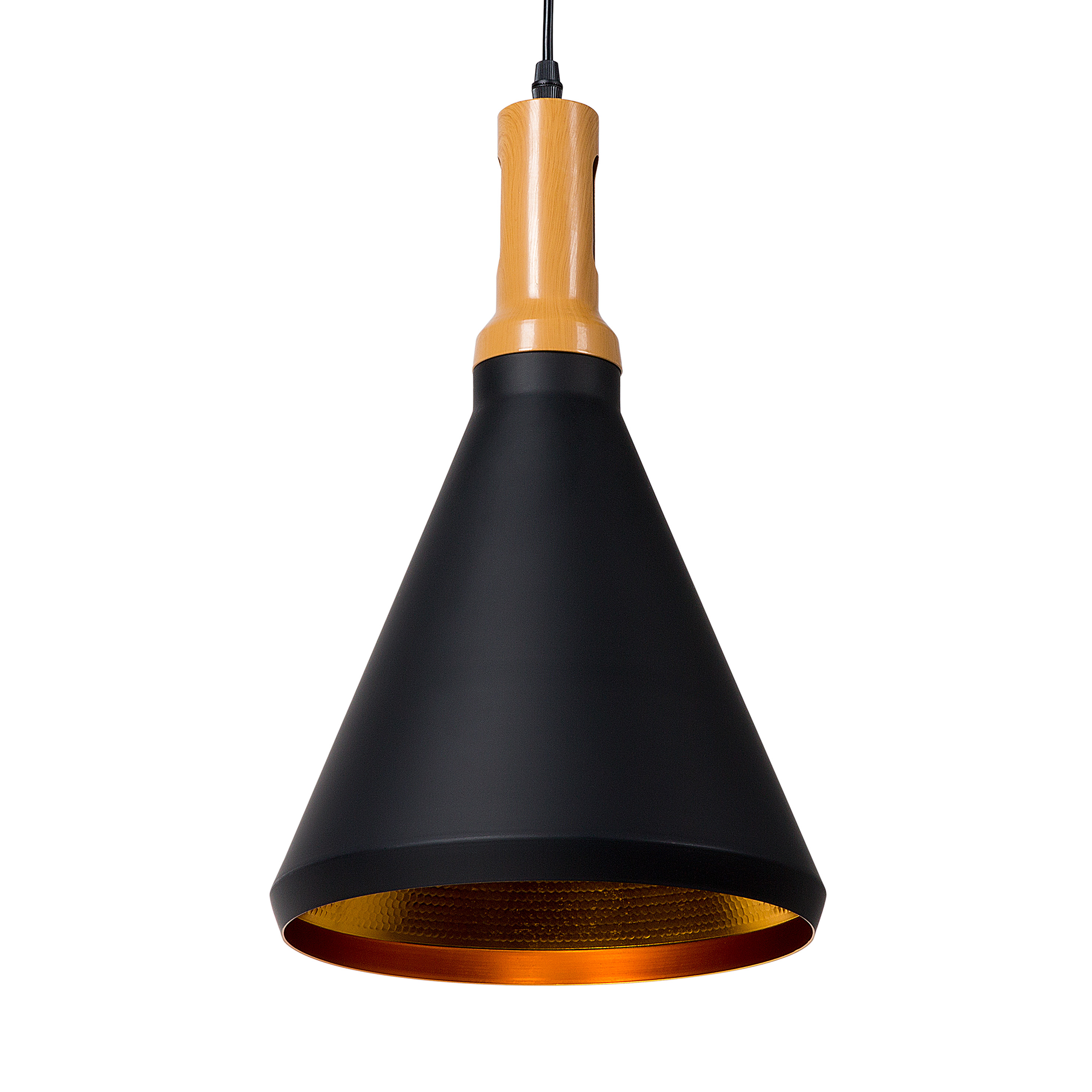 Beliani Hanging Light Pendant Lamp Black with Gold and Light Wood Aluminium Cone Shade Industrial Design