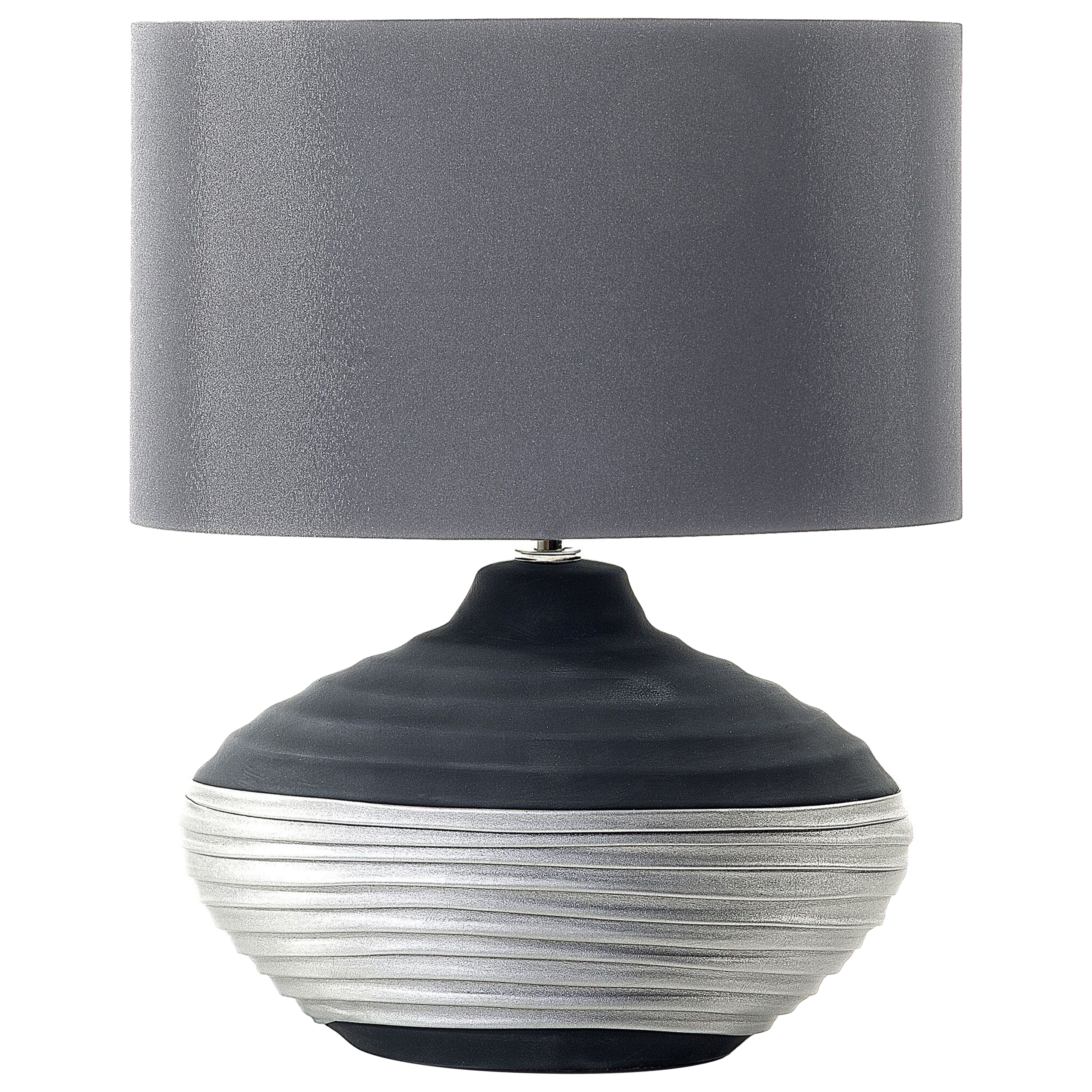 Beliani Table Lamp Grey Ceramic Base Faux Silk Drum Shade Bedside Table Lamp