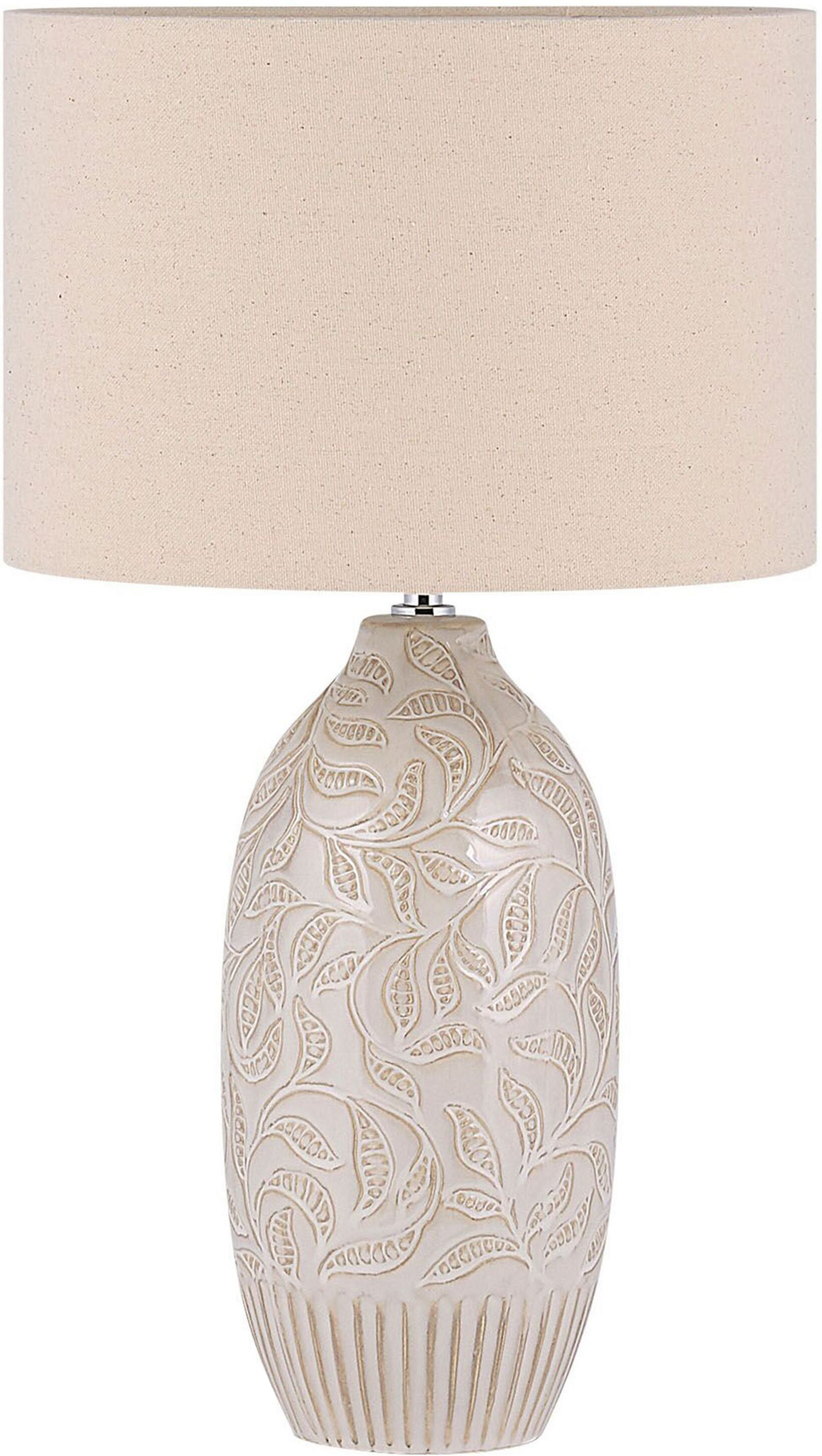 Beliani Bedside Table Lamp Beige Ceramic 57 cm Leaf Pattern Drum Shade Traditional