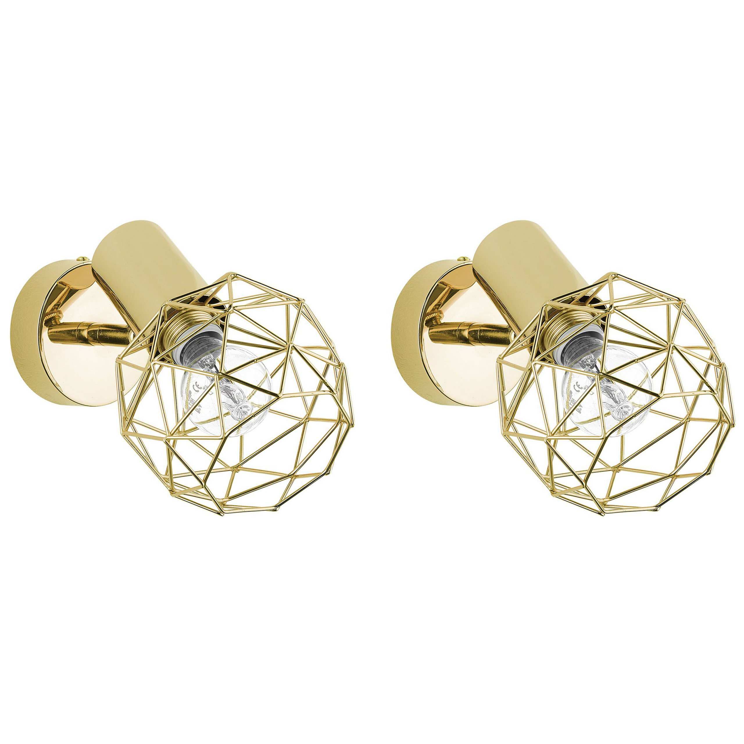 Beliani Set of 2 Wall Lamps Gold Metal Cage Shade Adjustable Light Position Modern Scones Glamour Style