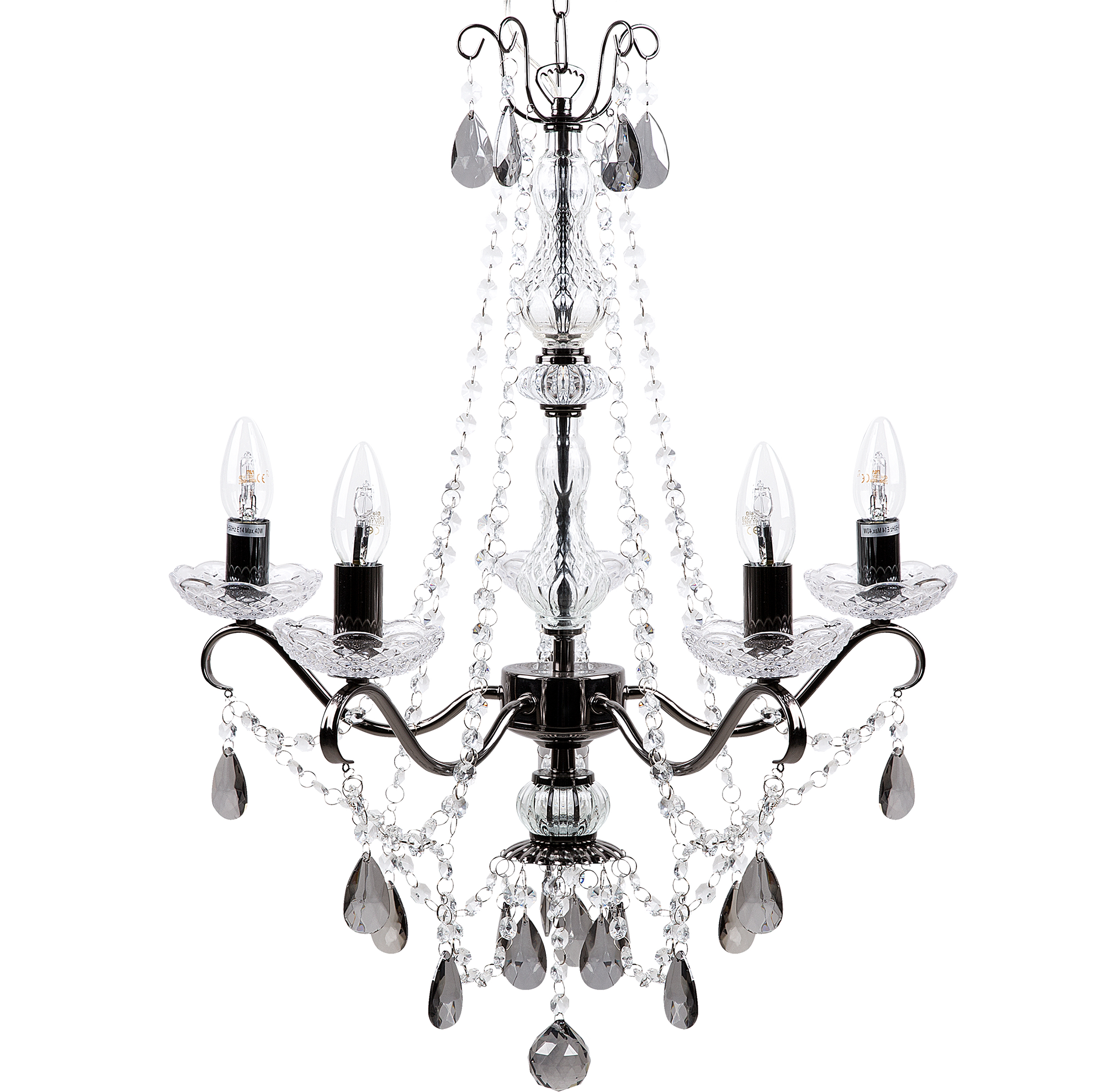 Beliani Ceiling Lamp Black Metal 123 cm Decorative Crystal 5 Lights High Gloss Glam