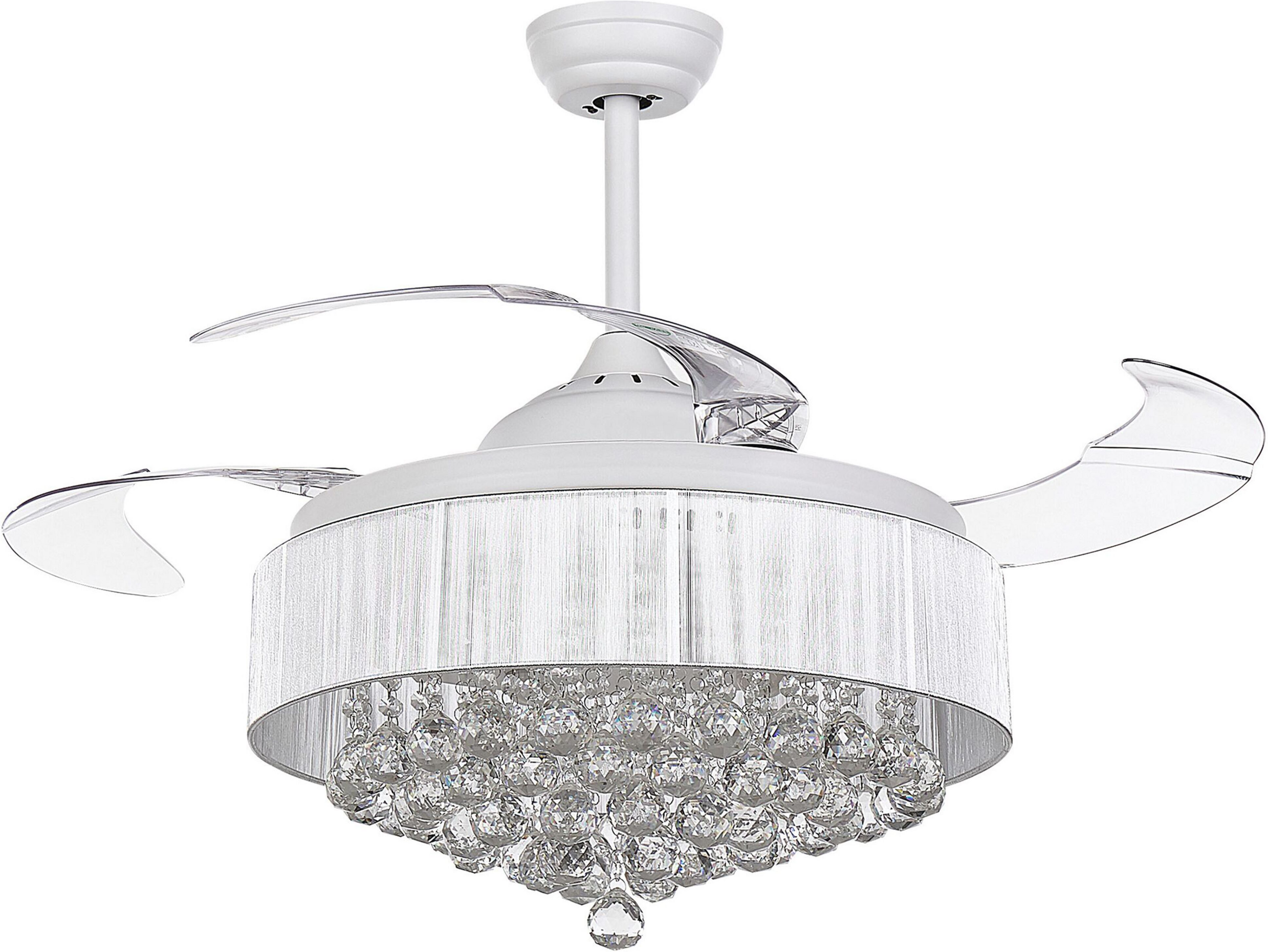 Beliani Ceiling Fan with Light White Metal Acrylic Crystals Foldable Blades Glam Shade with Remote Control 3 Speeds Switch Timer Light Adjustment