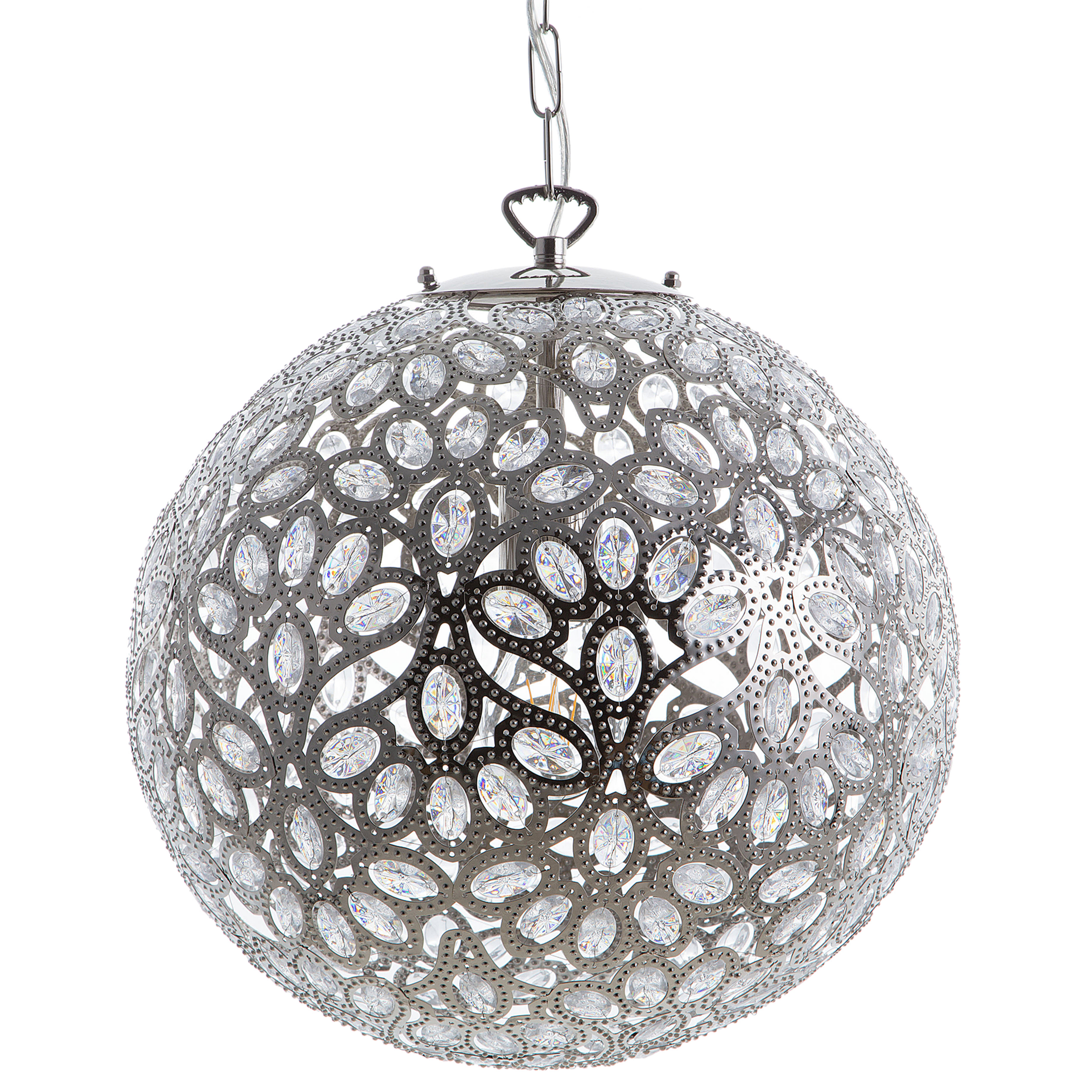 Beliani Ceiling Lamp Silver Metal 90 cm Pendant Floral Shade Crystals Oriental Boho