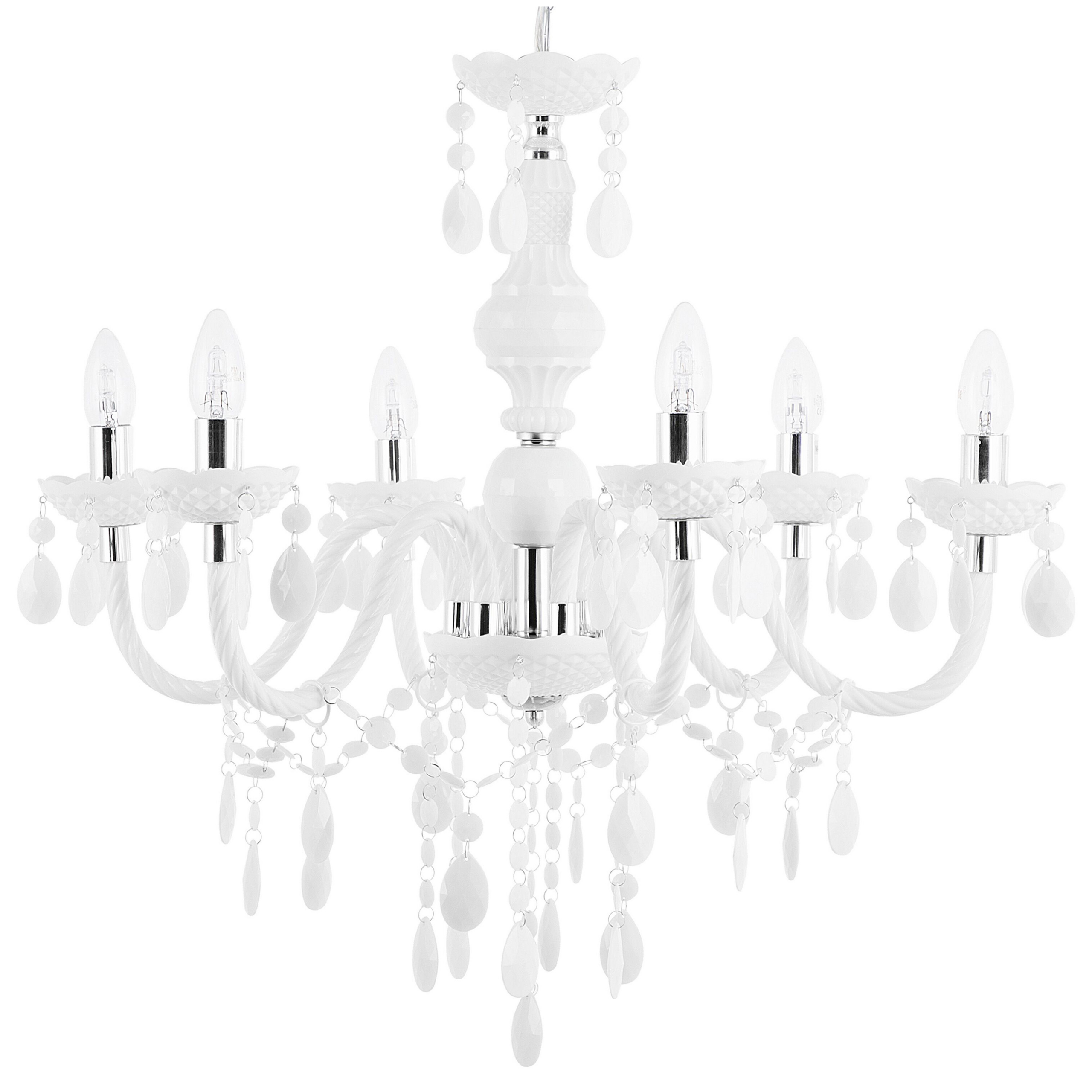 Beliani Chandelier White with Crystals 6 Light Glam