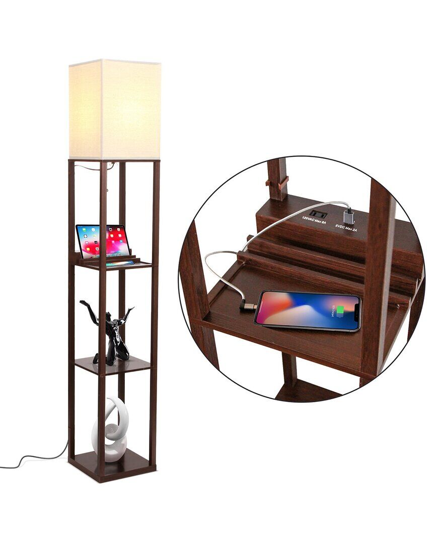 BRIGHTECH Maxwell LED Shelf Floor Lamp With USB Port Brown NoSize