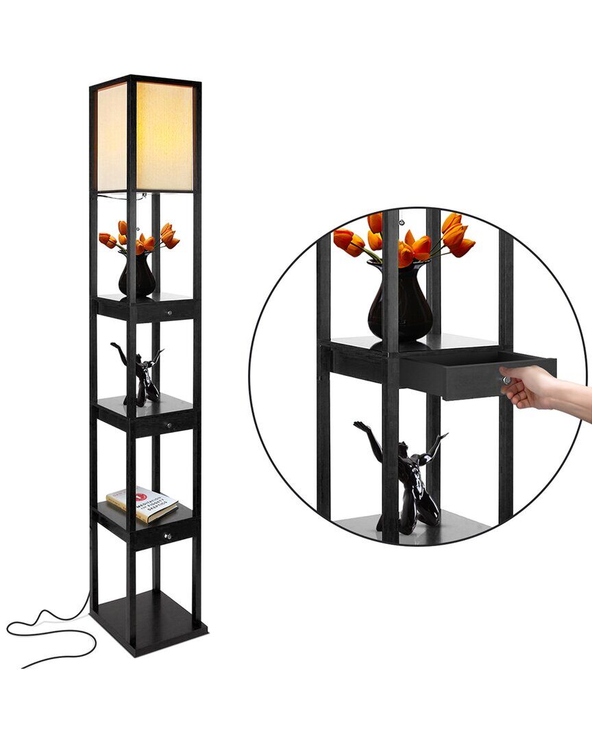 BRIGHTECH Maxwell Black Wood LED Shelf Floor Lamp With Drawers Black NoSize