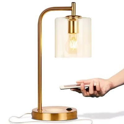 Brightech Elizabeth LED Table Lamp with USB Port and Wireless Charging Pad, Beige Over