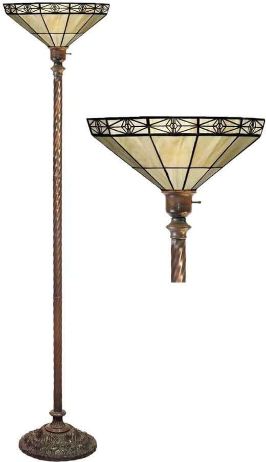 Warehouse of Tiffany 72 in. Antique Bronze Mission White Stained Glass Floor Lamp with Foot Switch