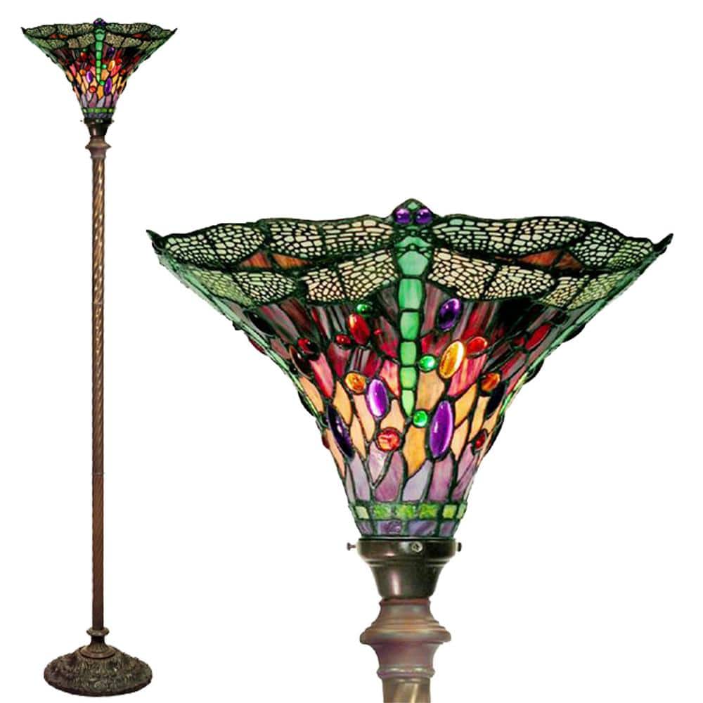 Warehouse of Tiffany 72 in. Antique Bronze Dragonfly Stained Glass Floor Lamp with Foot Switch