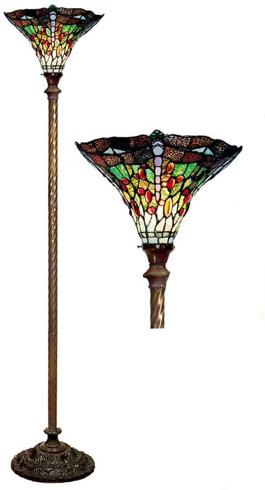 Warehouse of Tiffany 72 in. Antique Bronze Dragonfly Stained Glass Floor Lamp with Foot Switch