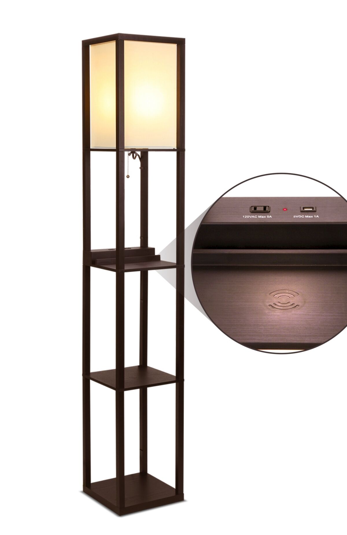 Brightech Maxwell Shelf & Led Floor Lamp - Usb Port, Outlet, Wireless Charging Pad - Havana Brown
