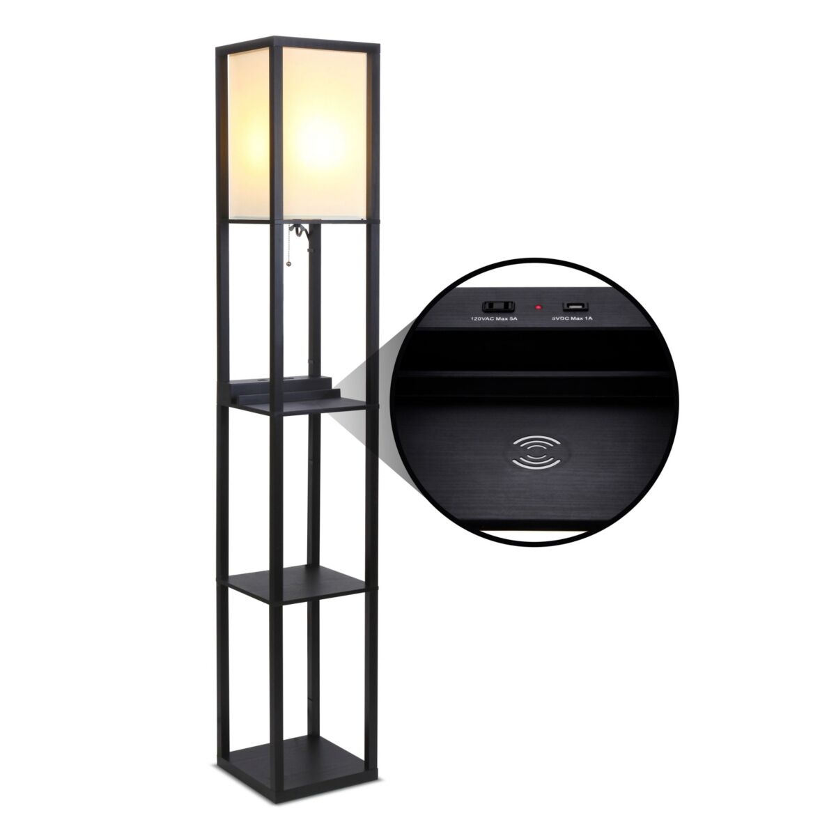Brightech Maxwell Shelf & Led Floor Lamp - Usb Port, Outlet, Wireless Charging Pad - Classic Black