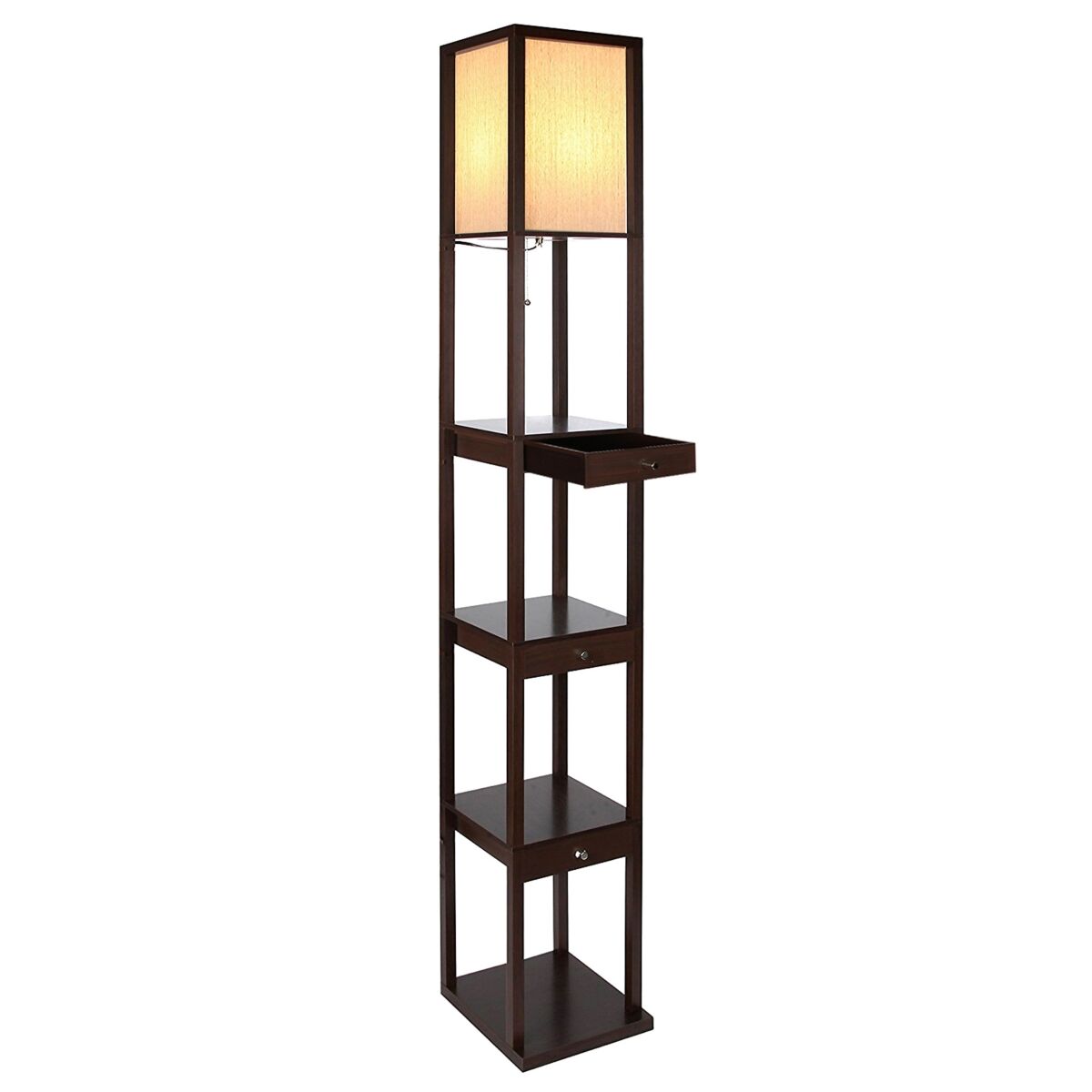 Brightech Maxwell Shelf & Led Floor Lamp with Lantern Shade with Drawers - Havana Brown