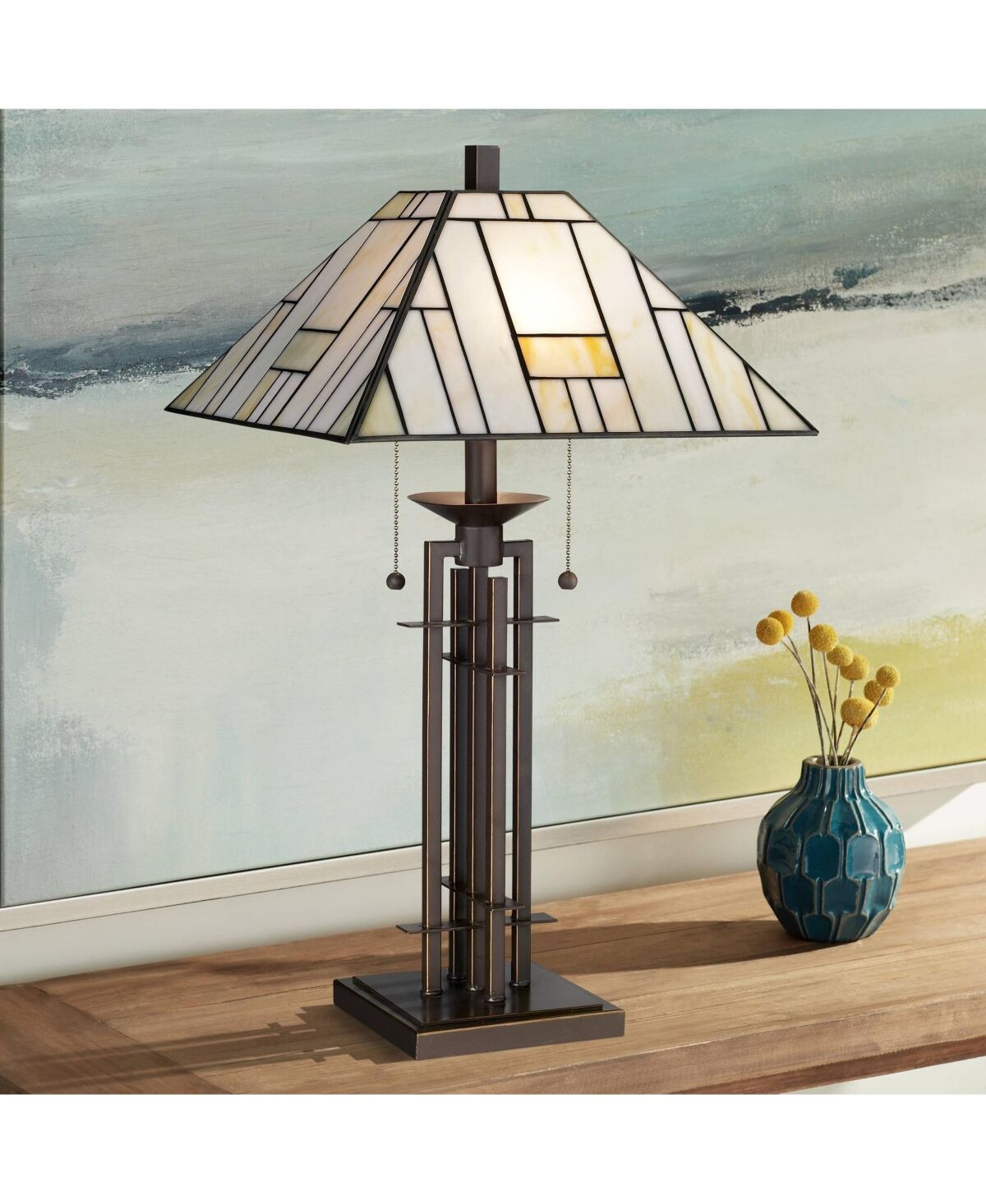 Franklin Iron Works Mission Tiffany Style Table Lamp Art Deco 26.25