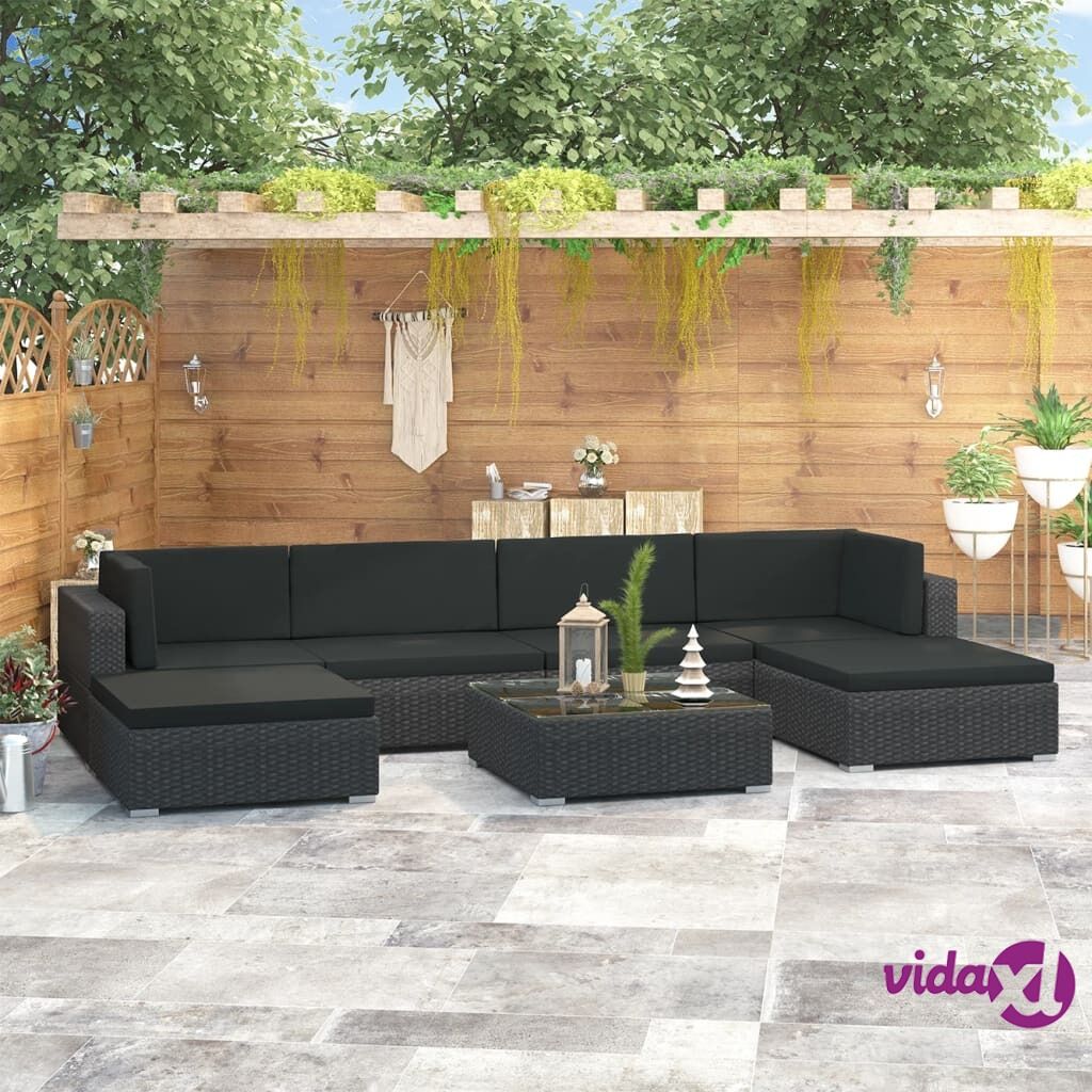 vidaXL 7 Piece Garden Lounge Set with Cushions Poly Rattan Black