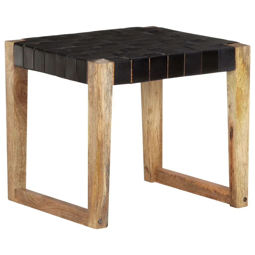 vidaXL Tabouret Noir Cuir véritable et bois de manguier massif