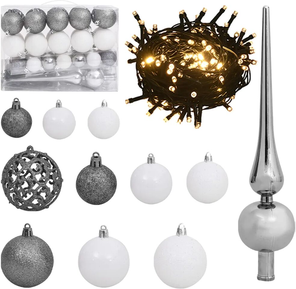 vidaXL Set de boules de Noël avec pic et 150 LED 61 pcs Blanc et gris