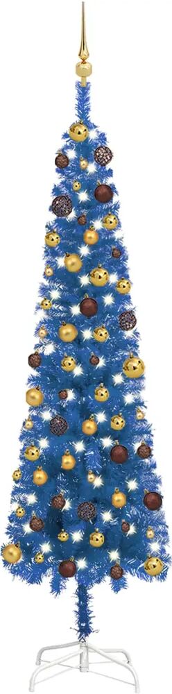 vidaXL Arbre de Noël mince avec LED et boules Bleu 210 cm