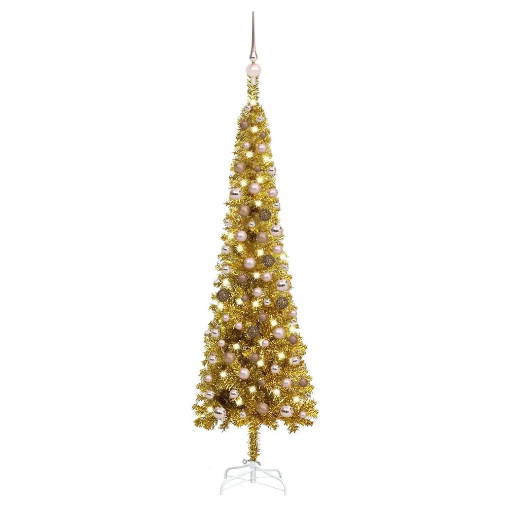 vidaXL Arbre de Noël mince avec LED et boules Doré 150 cm