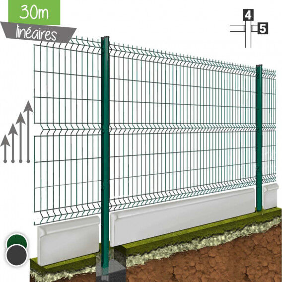 Kit 30ML de grillage rigide avec soubassement (Ø 4/5mm) - Couleur - Vert 6005, Couleur soubassement - Béton, Hauteur - Ht 1m53