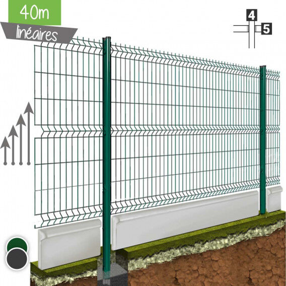 Kit 40ML de grillage rigide avec soubassement (Ø 4/5mm) - Couleur - Vert 6005, Couleur soubassement - Béton, Hauteur - Ht 1m73